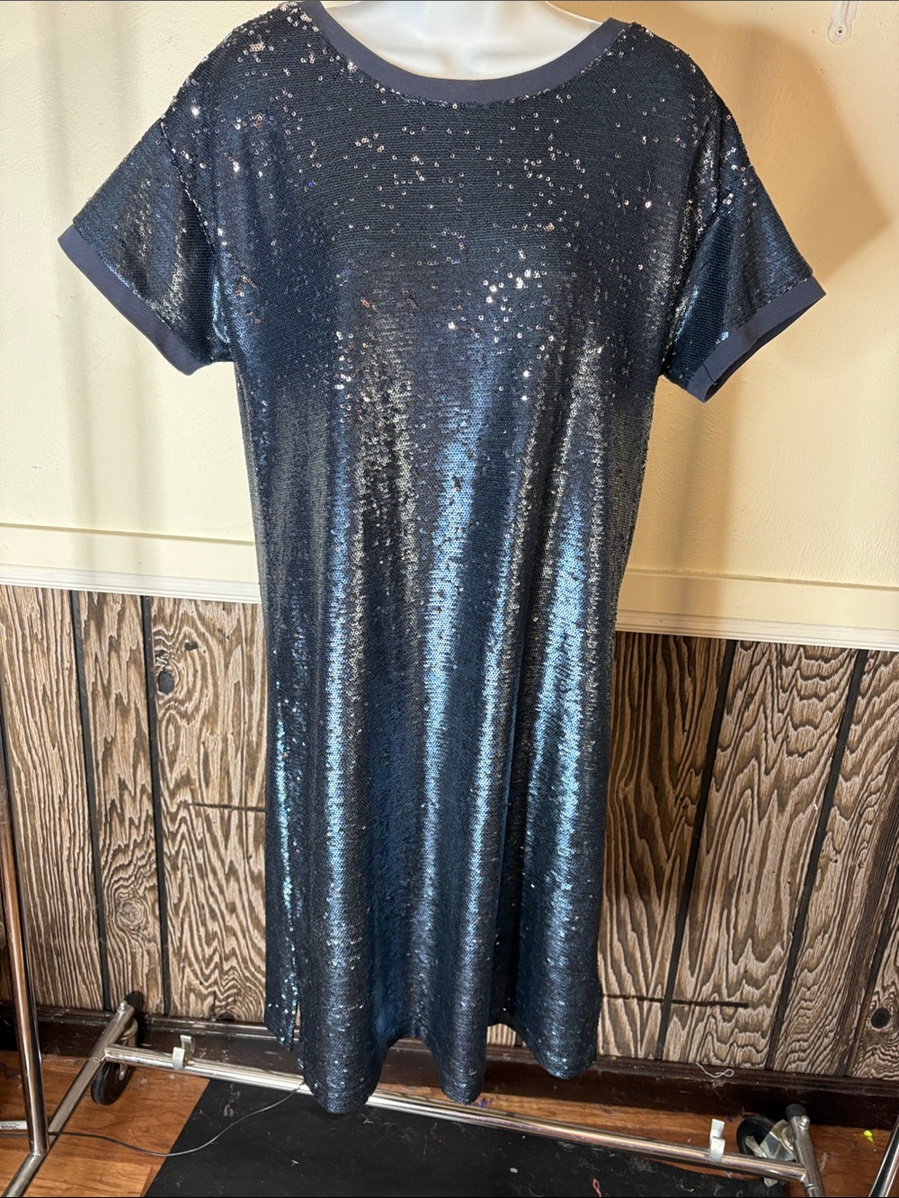 Moulinette Soeurs Navy Sequin Short Sleeve Midi Dress